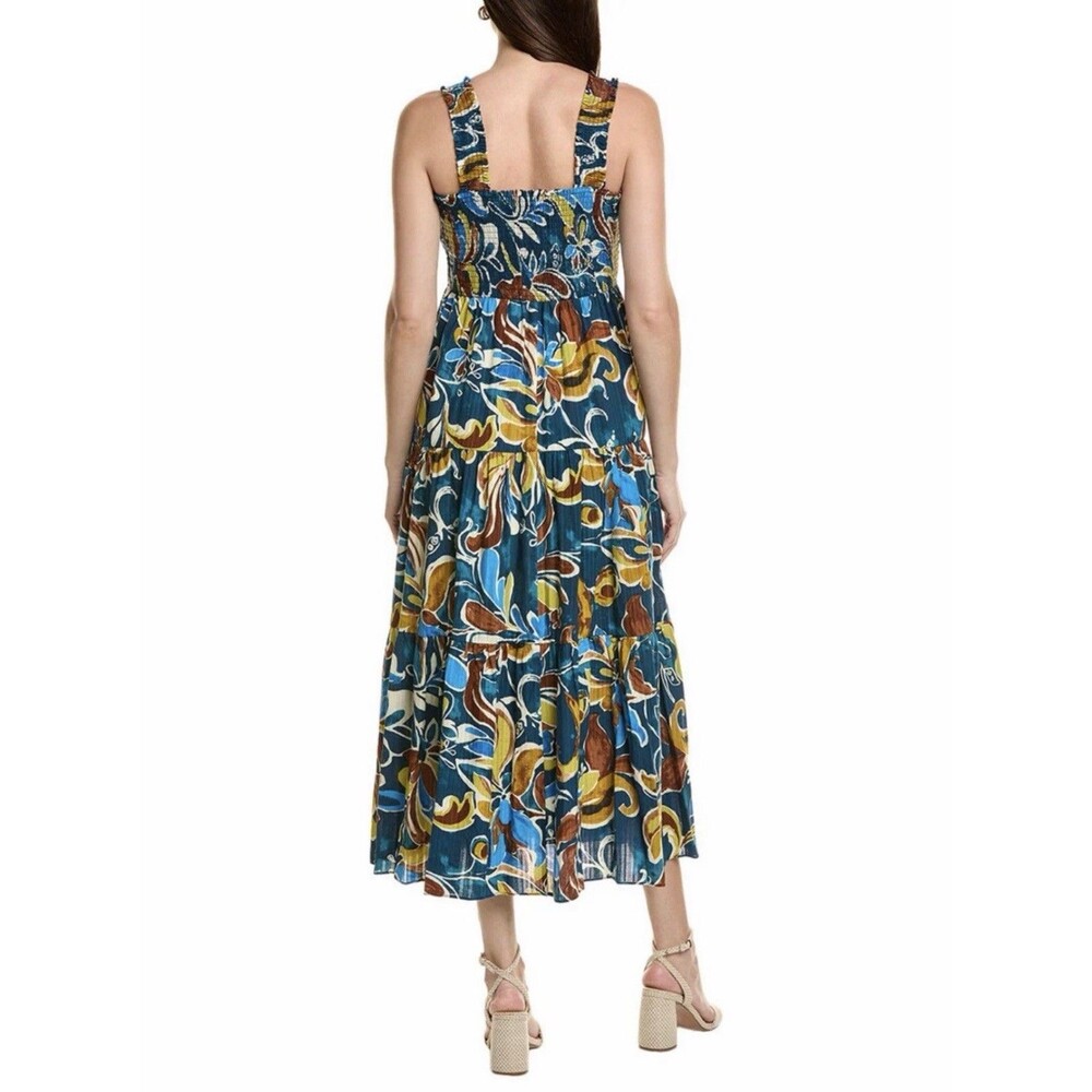 Anne Klein Women's Teal Printed Tiered Smocked Cotton Sleeveless Maxi Dress XL - Picture 3 of 4